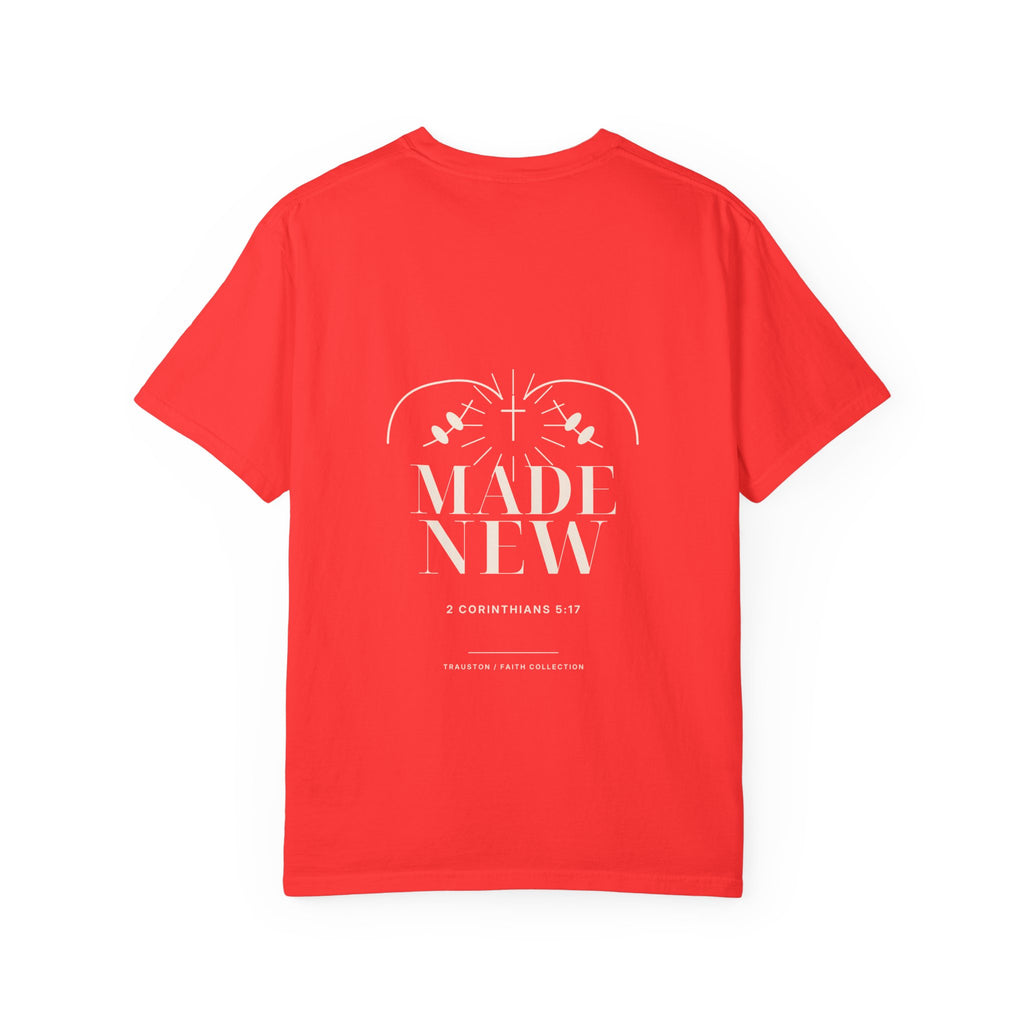 Back of the Made New Light Graphic tee with a larger faith-inspired design.