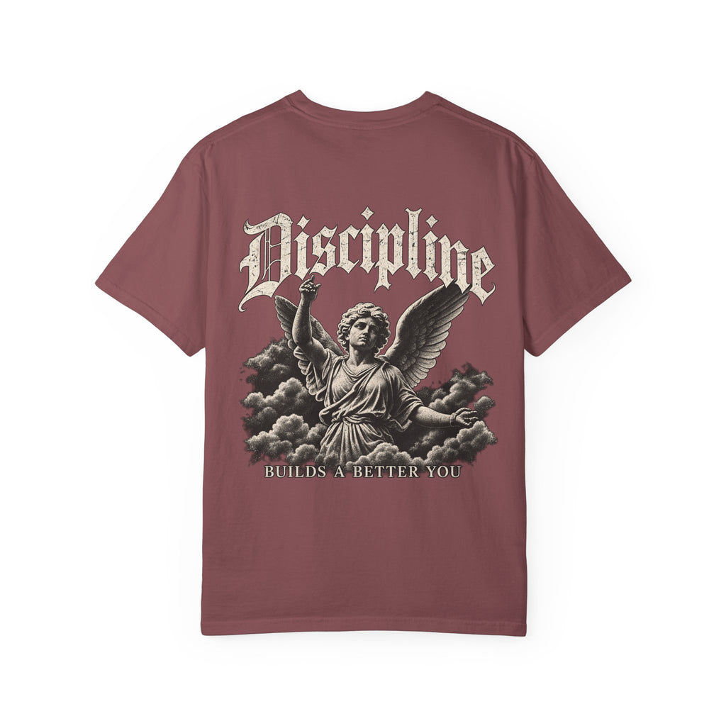 Back of the Discipline Garment-Dyed Tee with the detailed Discipline graphic.