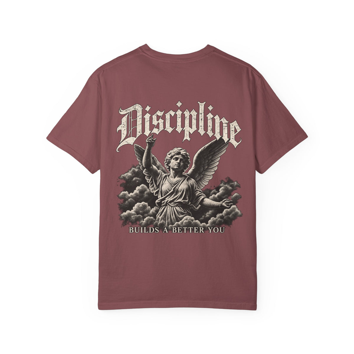 Back of the Discipline Garment-Dyed Tee with the detailed Discipline graphic.