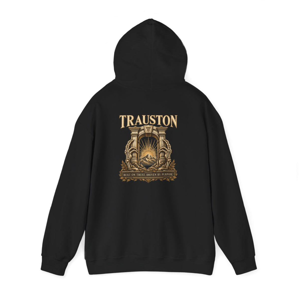 Stone Arch Logo Hoodie mockup showing the gold-tone stone-arch back graphic.
