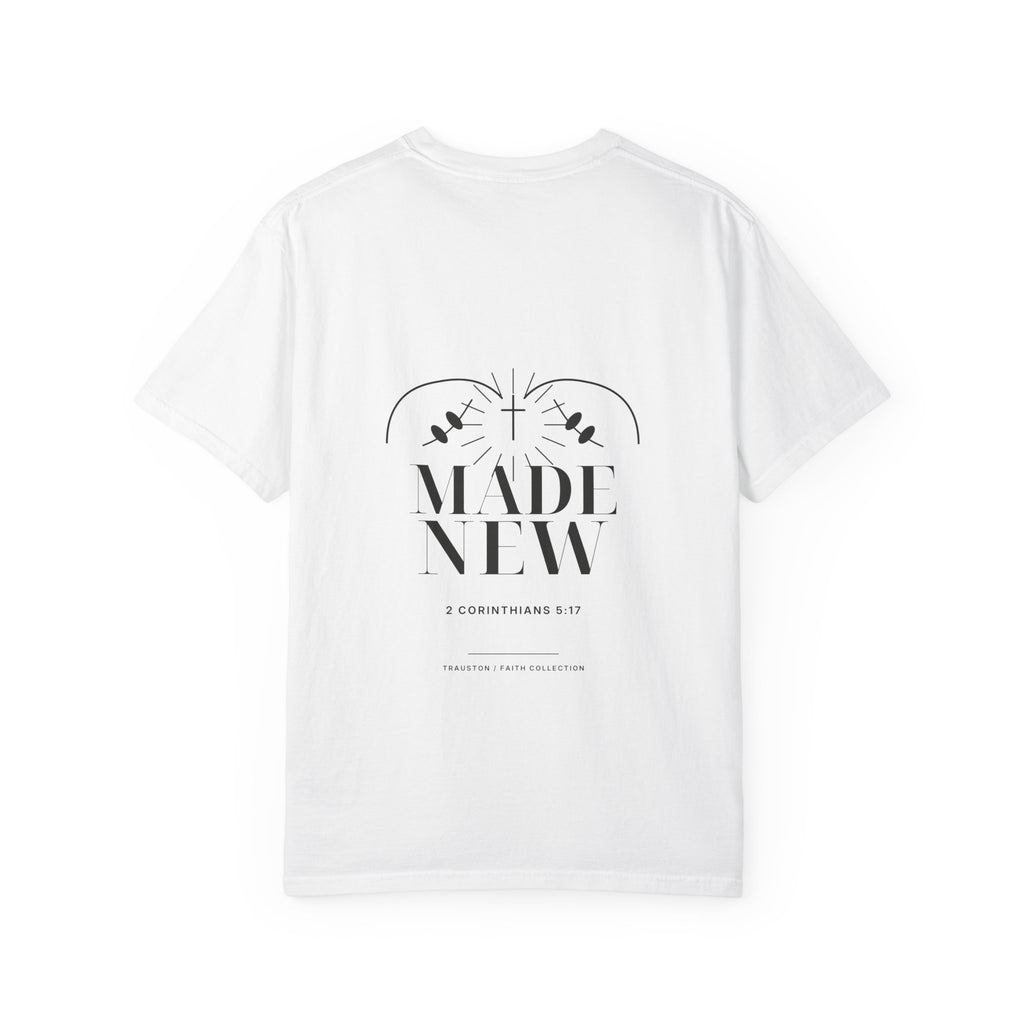 Back of the Made New Dark Graphic tee with a larger faith-inspired design.