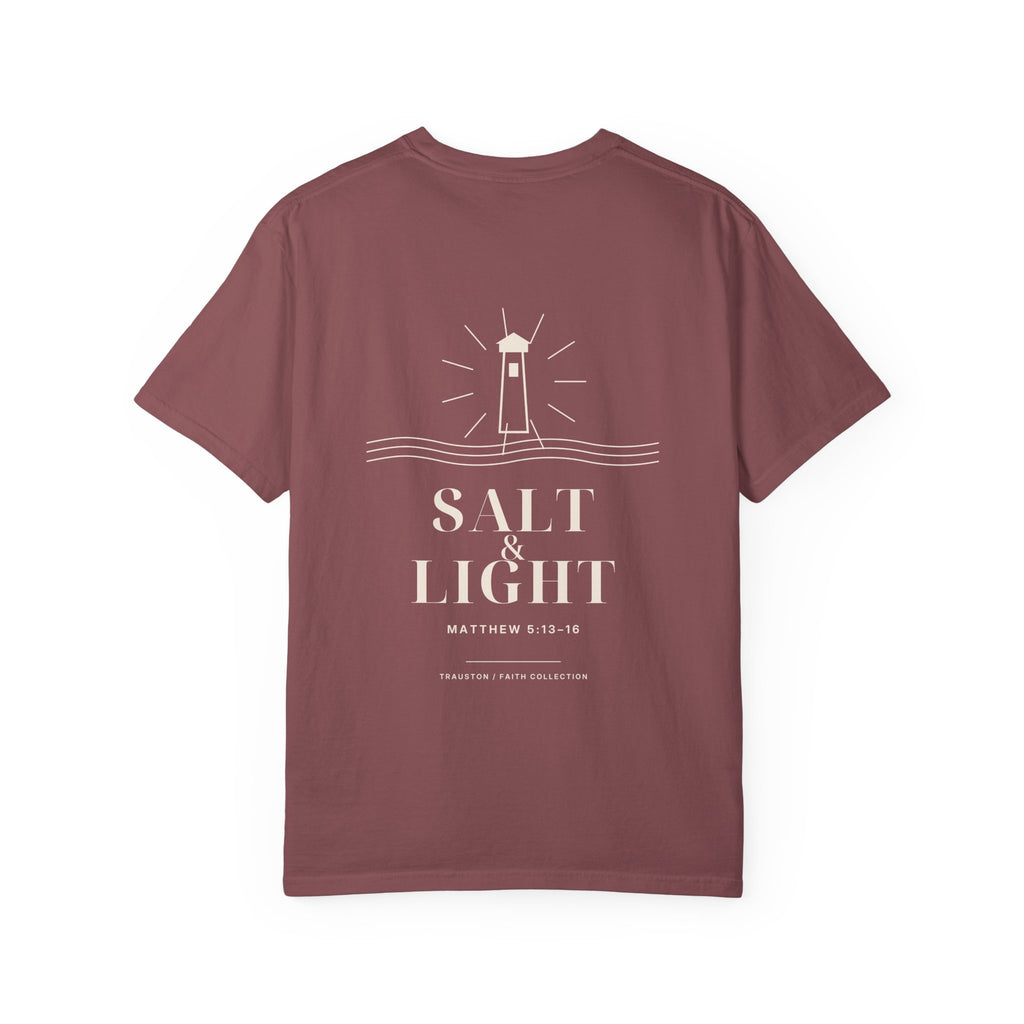 Back of the Salt and Light Light Graphic tee with a large lighthouse design.