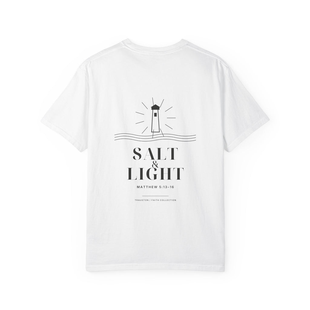 Back of the Salt and Light Dark Graphic tee with a large lighthouse design.