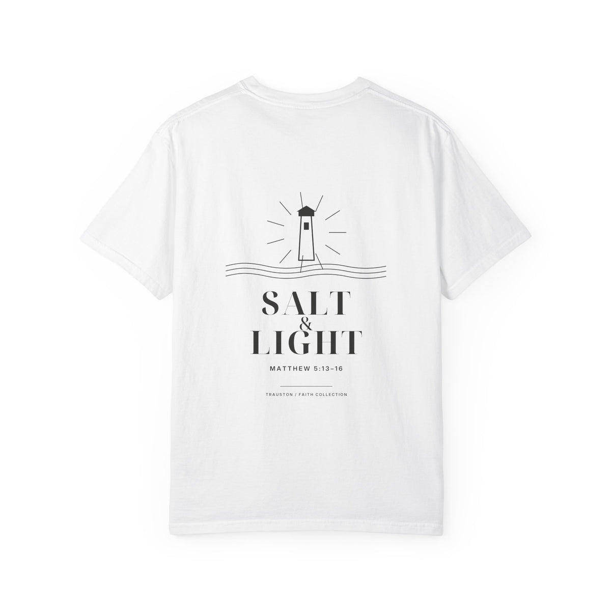 Back of the Salt and Light Dark Graphic tee with a large lighthouse design.